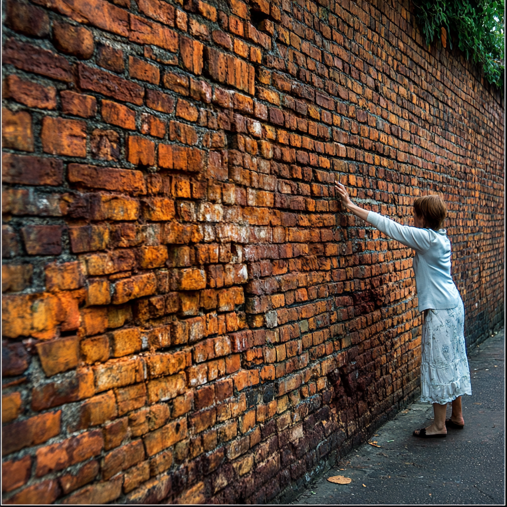A person pushing against a brick wall.